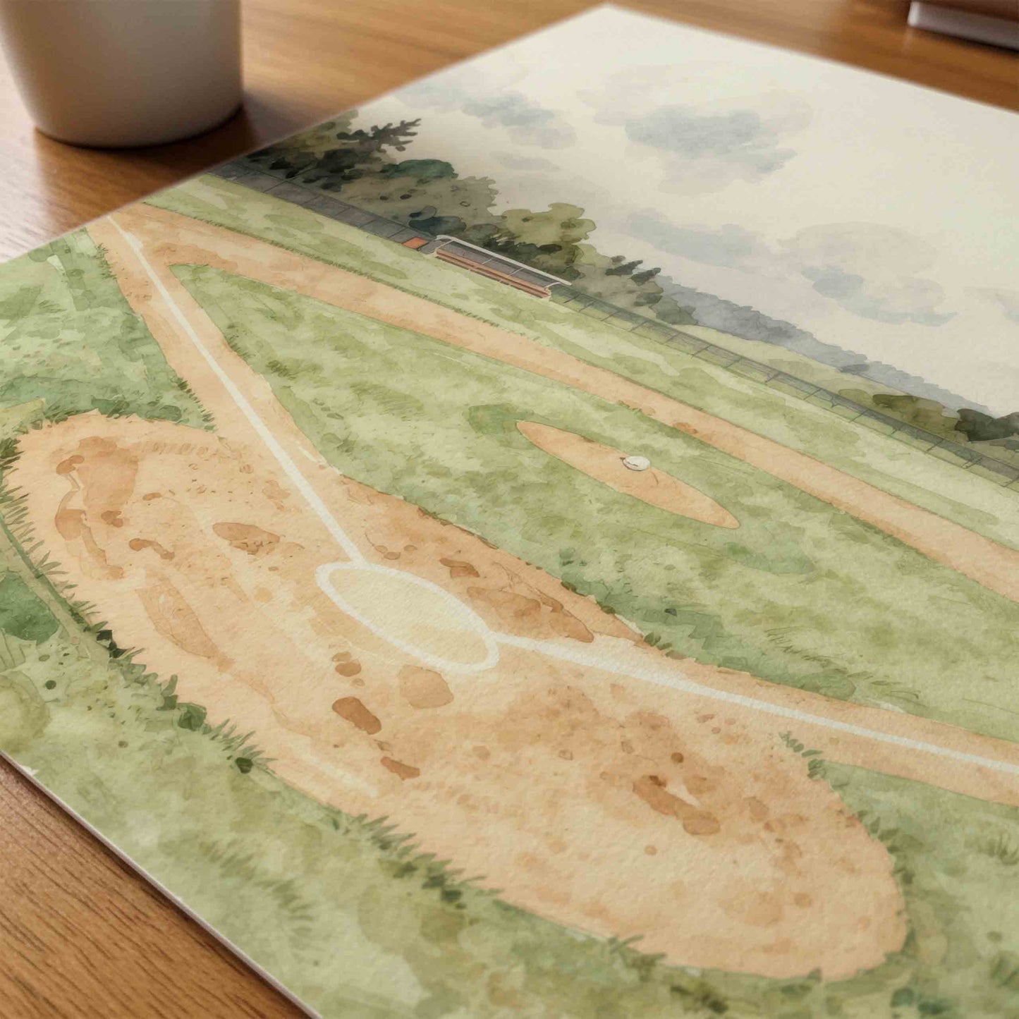 Watercolor baseball field close up print for a vintage boys nursery room decor