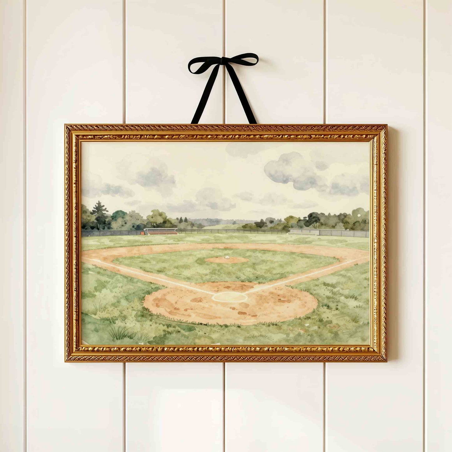 Watercolor baseball field landscape print for a vintage boys nursery room