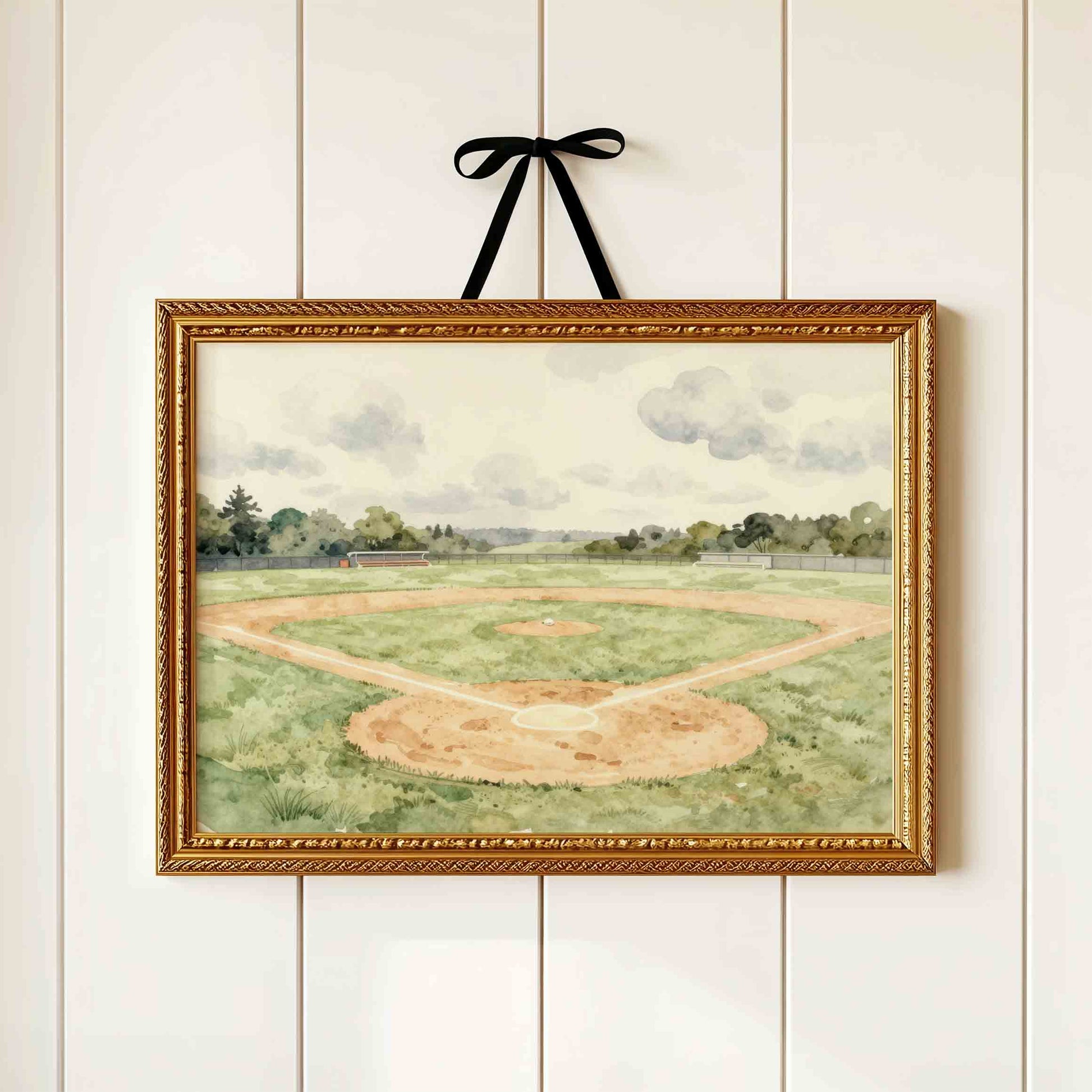Watercolor baseball field landscape print for a vintage boys nursery room