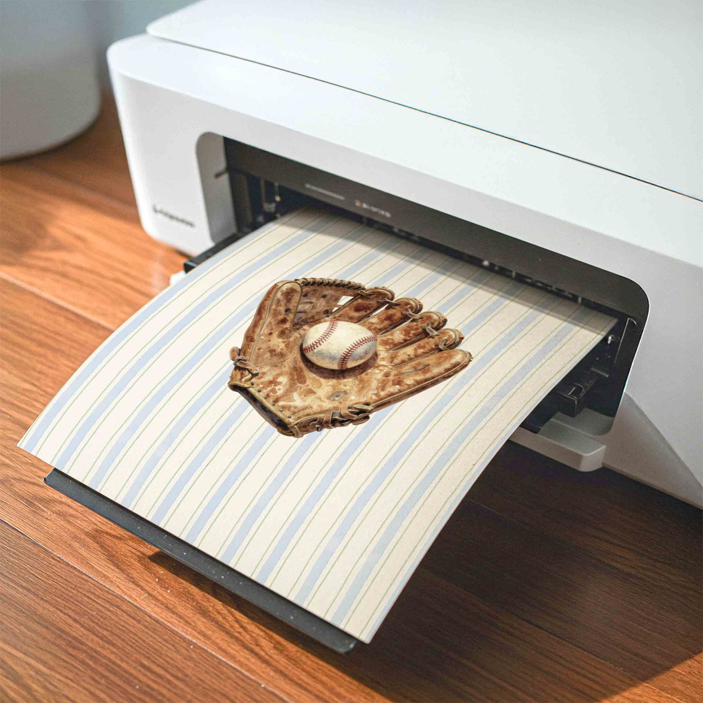 Watercolor baseball glove and ball print styled being printed for a nursery room