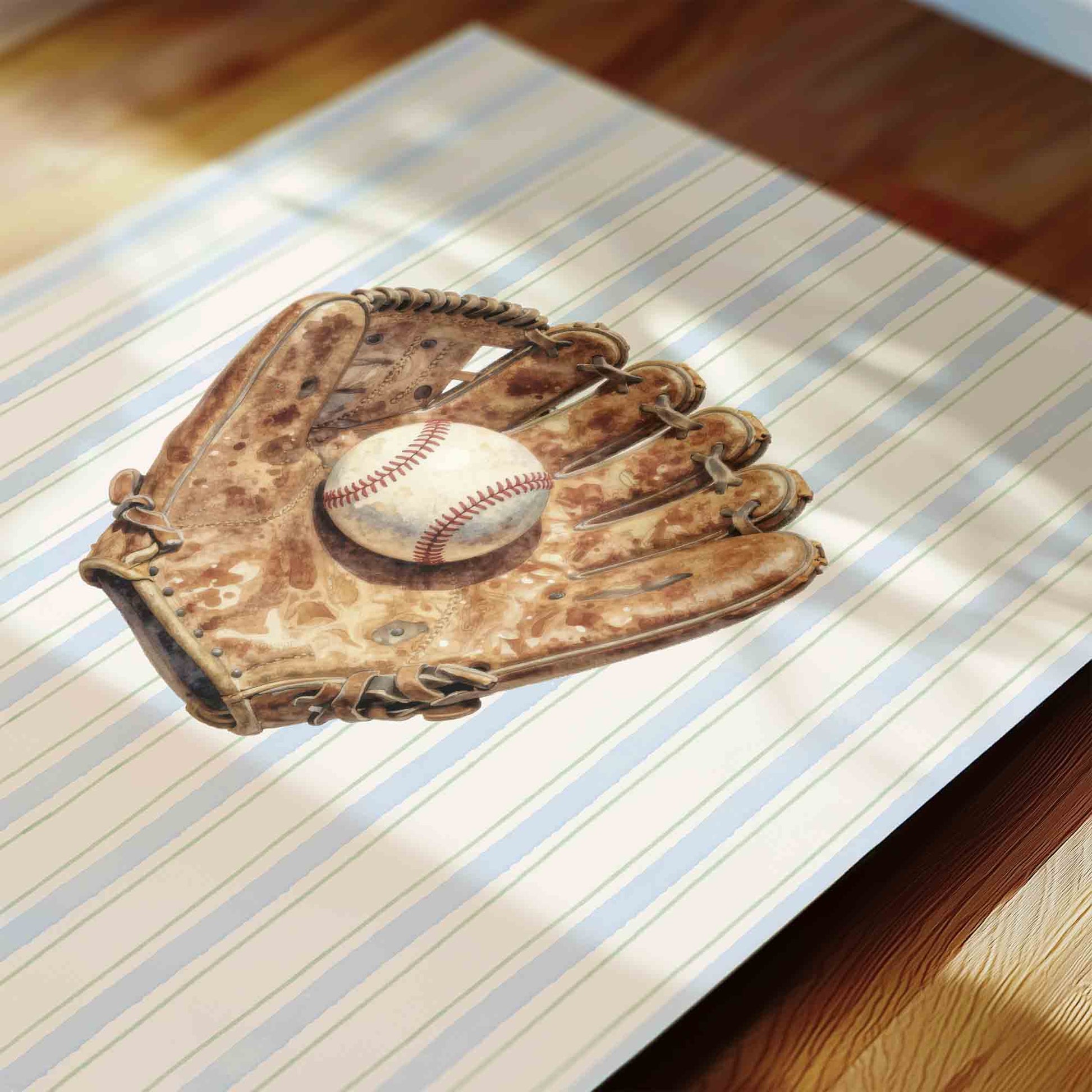 Watercolor baseball glove and ball print on blue stripe styled for a boys nursery room