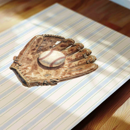 Watercolor baseball glove and ball print on blue stripe styled for a boys nursery room