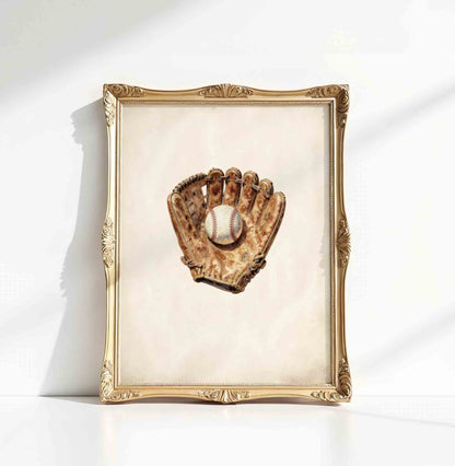 Watercolor baseball glove print in a gold frame styled for a boys nursery room