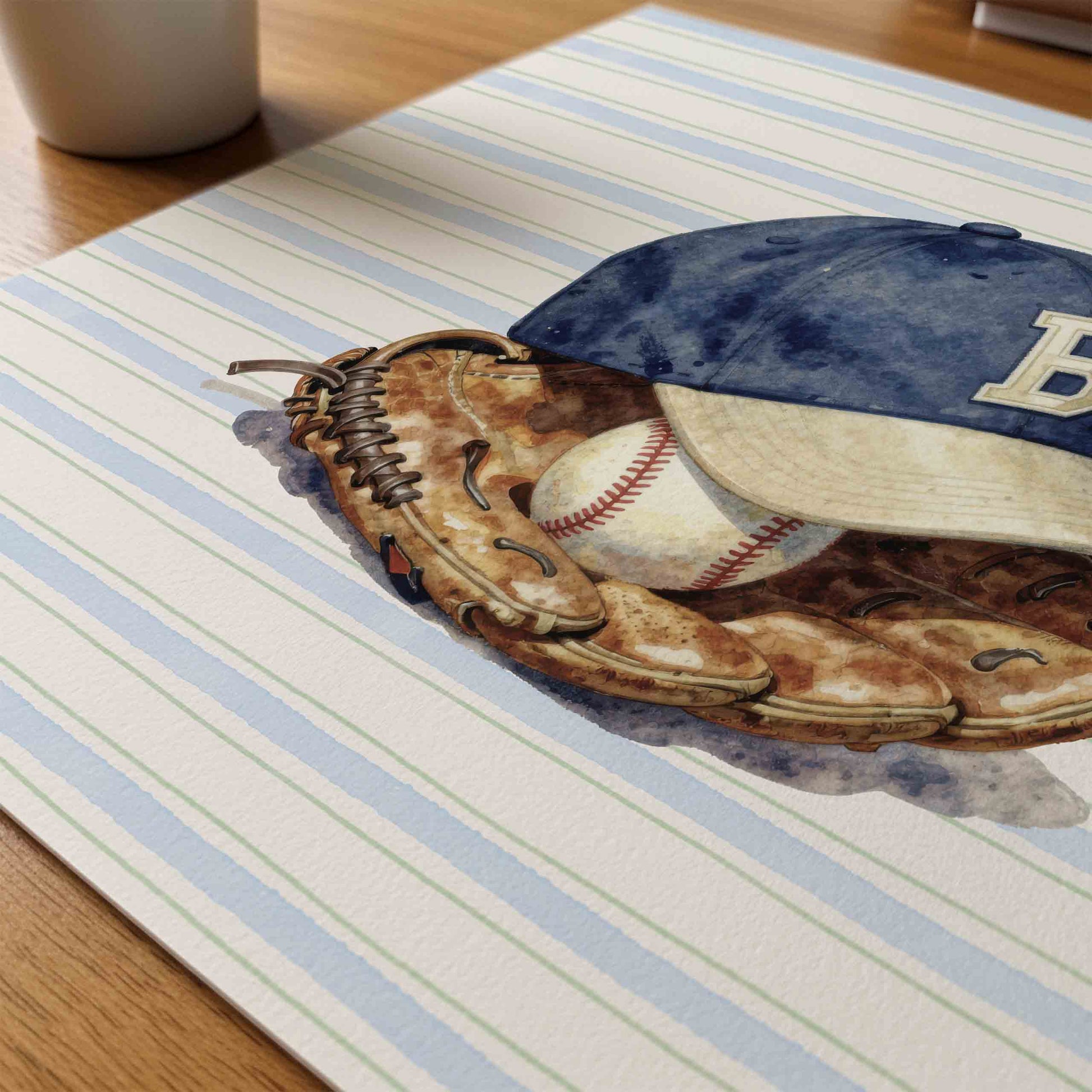 Watercolor baseball glove print styled on a striped rug for a boys nursery room