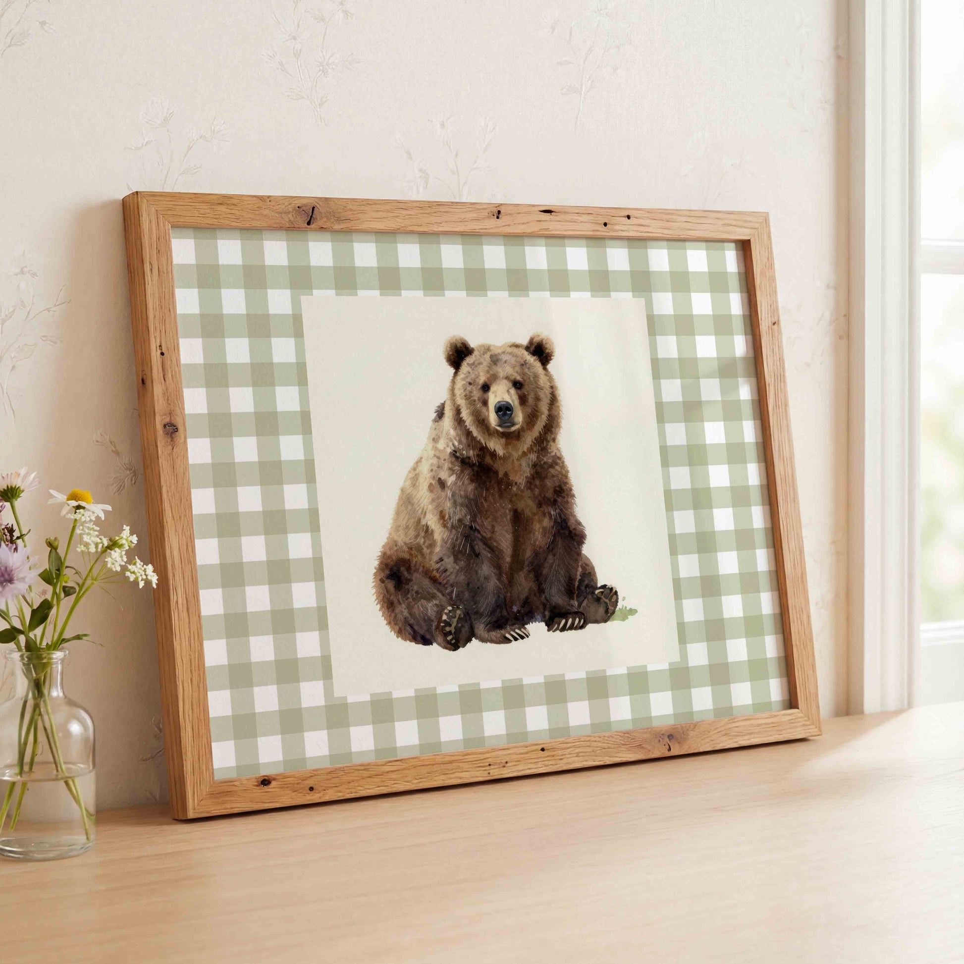 Watercolor bear print on cream background styled for a botanical nature nursery room