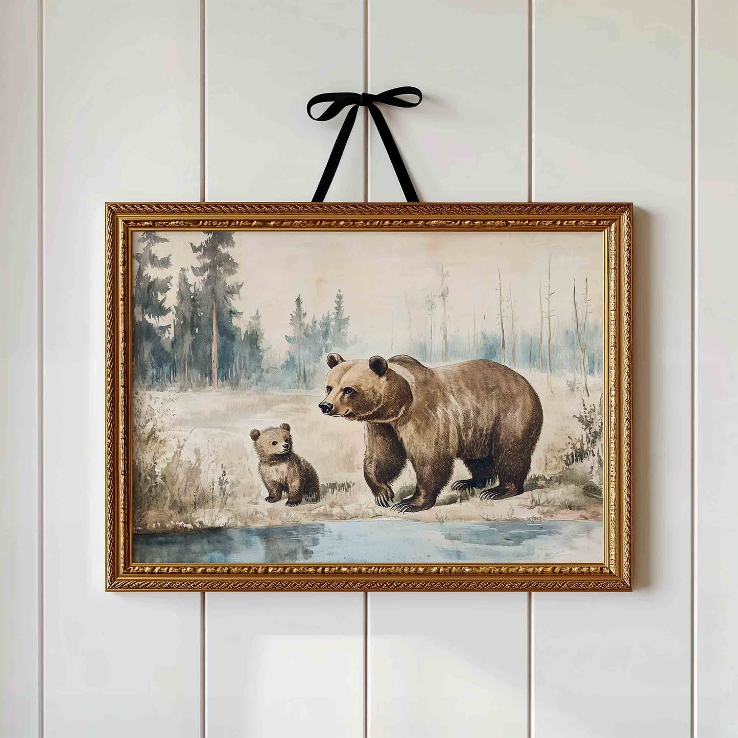 Watercolor bear and cub print styled for a vintage woodland nursery room