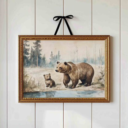 Watercolor bear and cub print styled for a vintage woodland nursery room