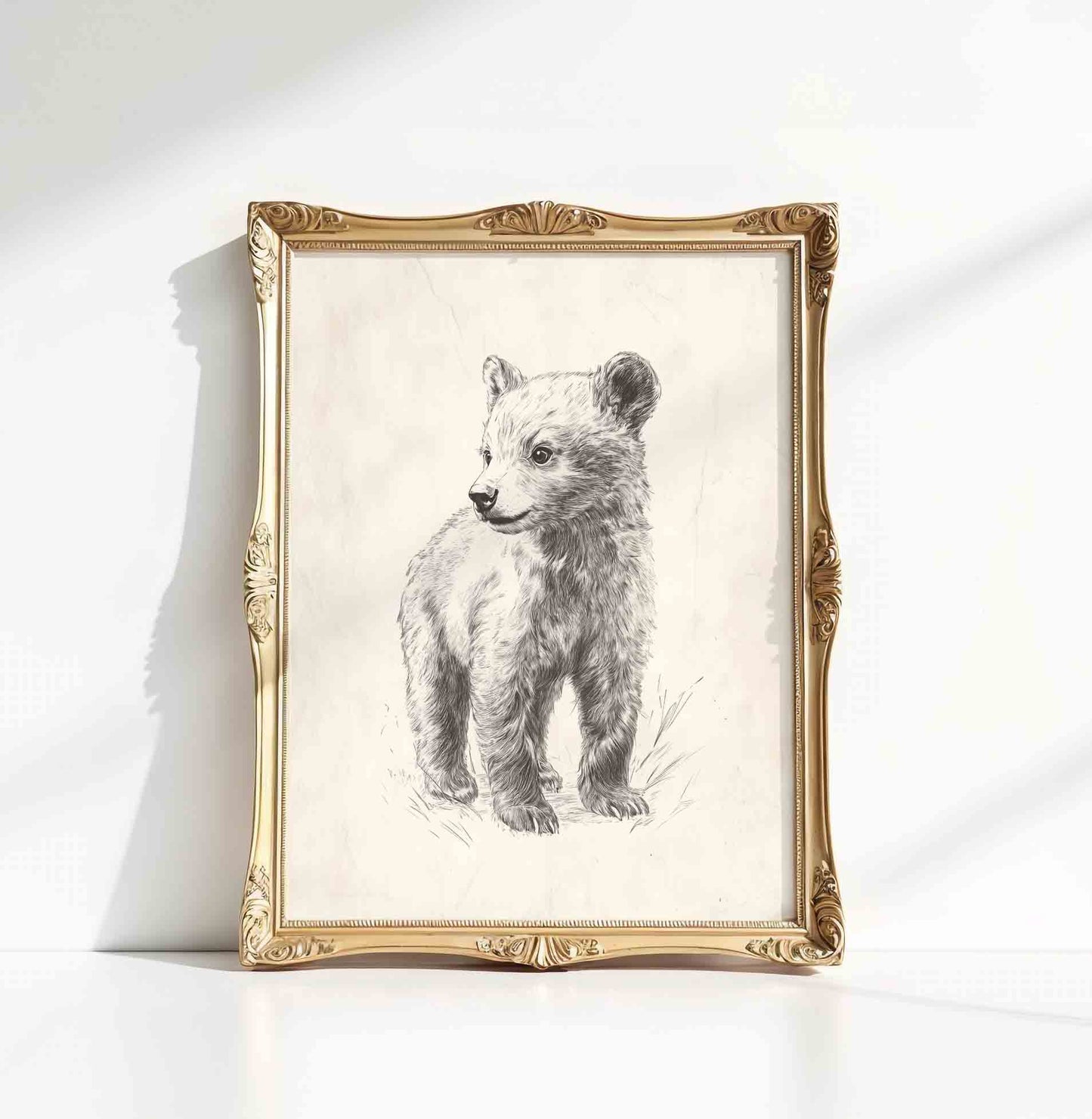 Watercolor bear print in warm acorn tones for a rustic cabin nursery room