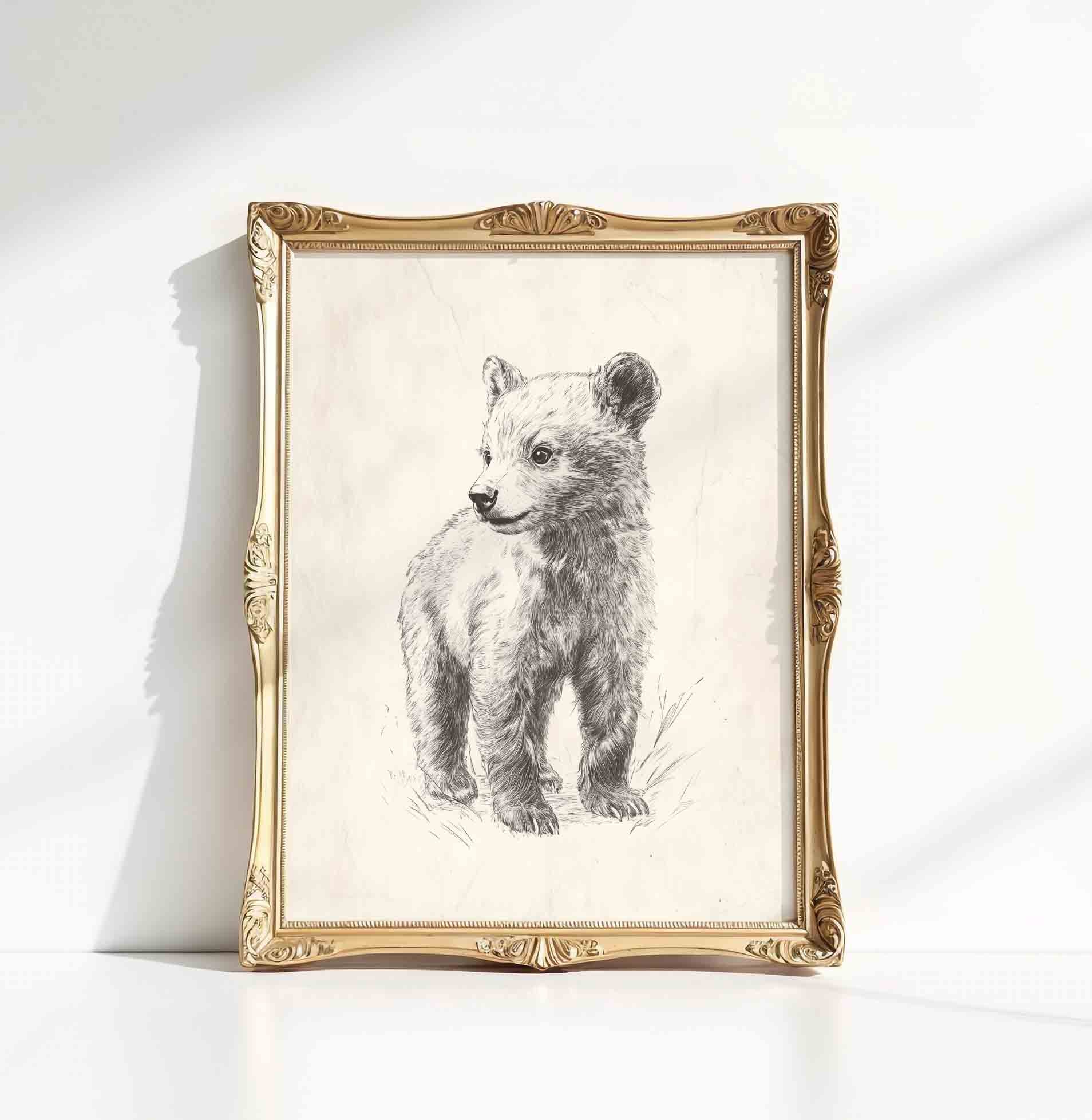 Watercolor bear print in warm acorn tones for a rustic cabin nursery room