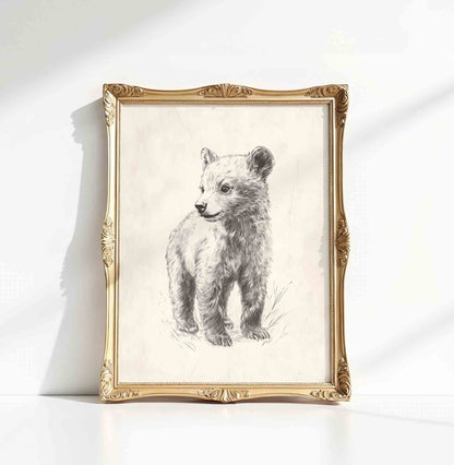 Watercolor bear print in warm acorn tones for a rustic cabin nursery room