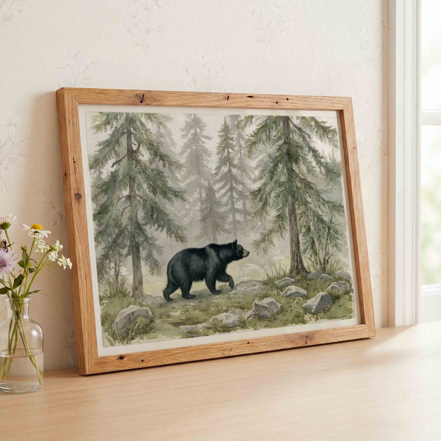 Watercolor black bear in pine forest print for a rustic woodland boys nursery room