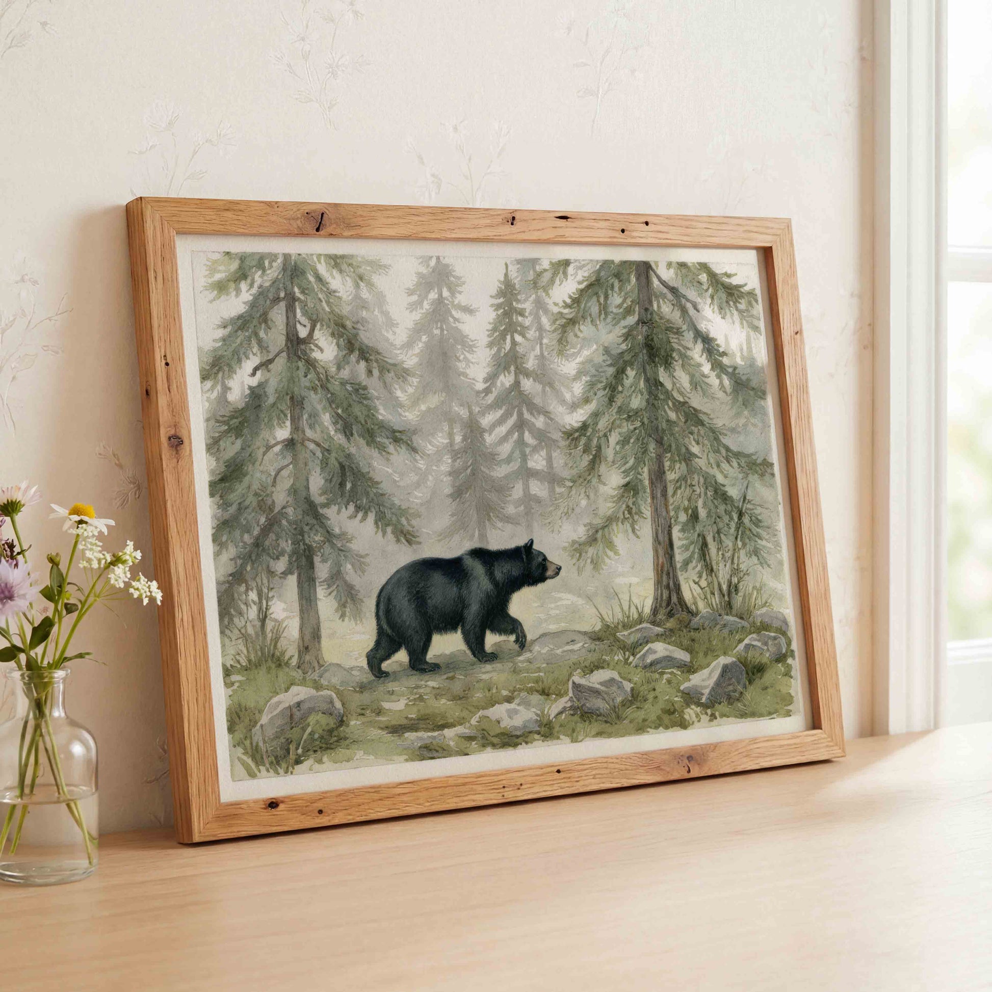 Watercolor black bear in pine forest print for a rustic woodland boys nursery room
