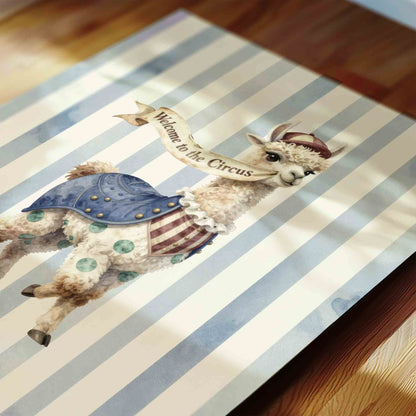 Watercolor circus llama welcome print on blue stripes for a vintage nursery room