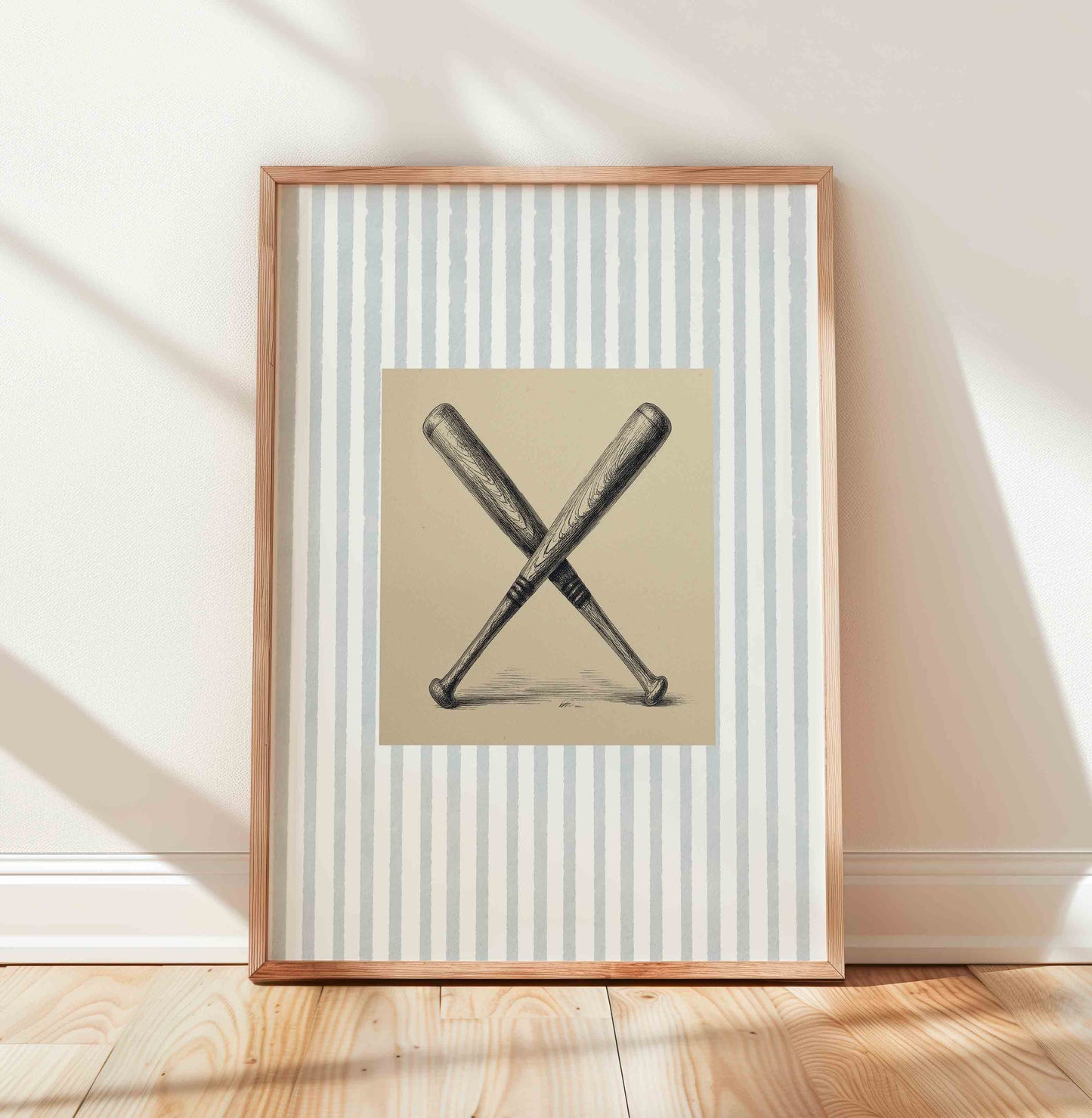 Watercolor crossed baseball bats print on stripe styled for a boys nursery room
