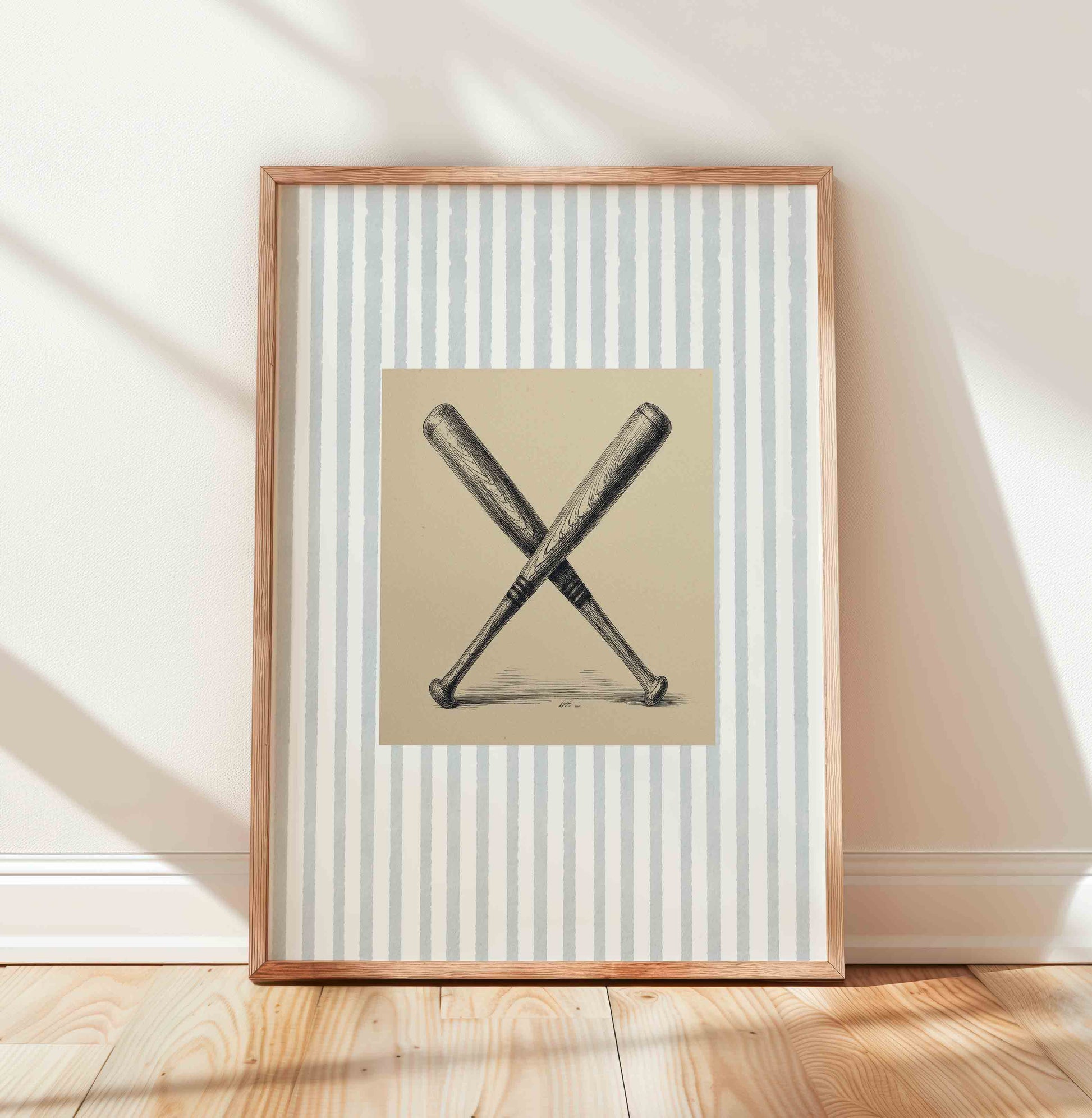Watercolor crossed baseball bats print on stripe styled for a boys nursery room