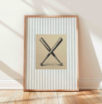 Watercolor crossed baseball bats print on stripe styled for a boys nursery room