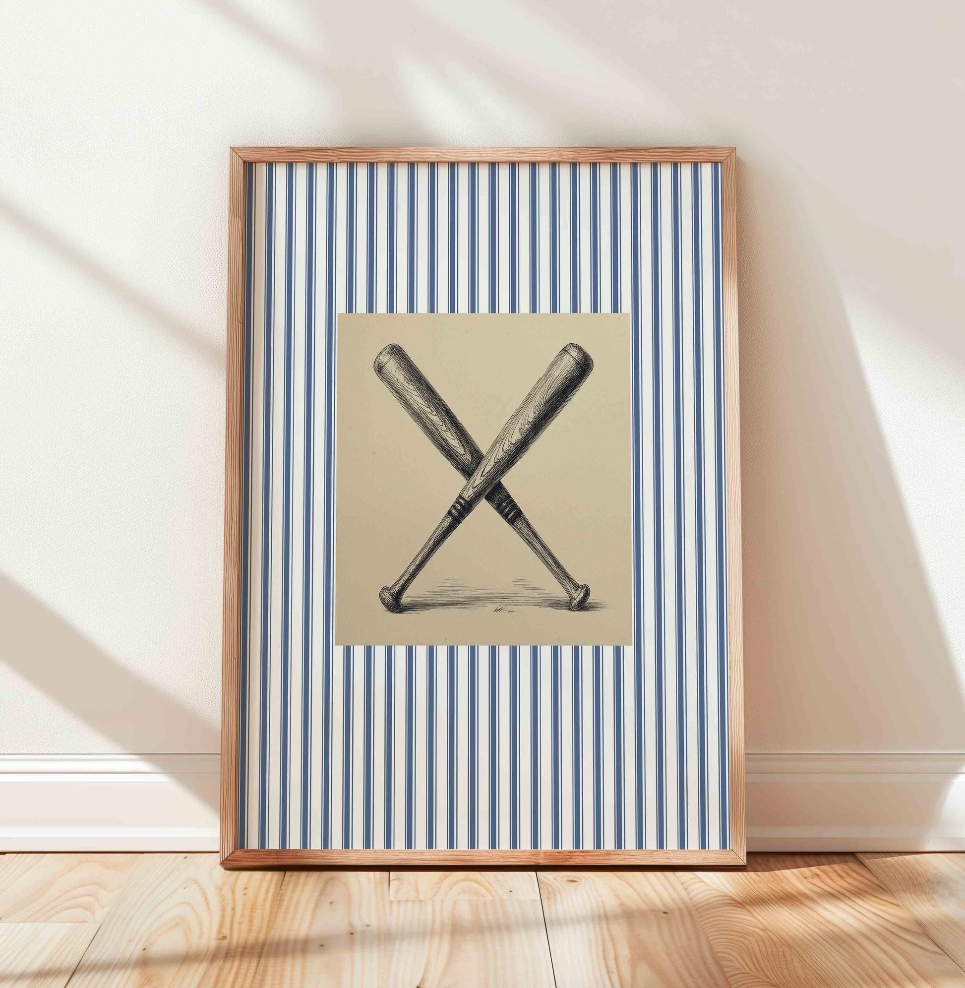 Watercolor crossed baseball bats print styled for a vintage boys nursery room