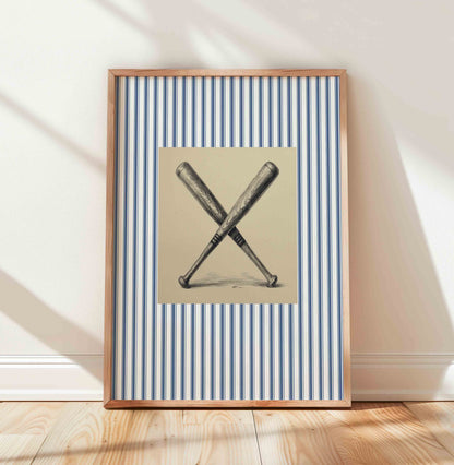 Watercolor crossed baseball bats print styled for a vintage boys nursery room