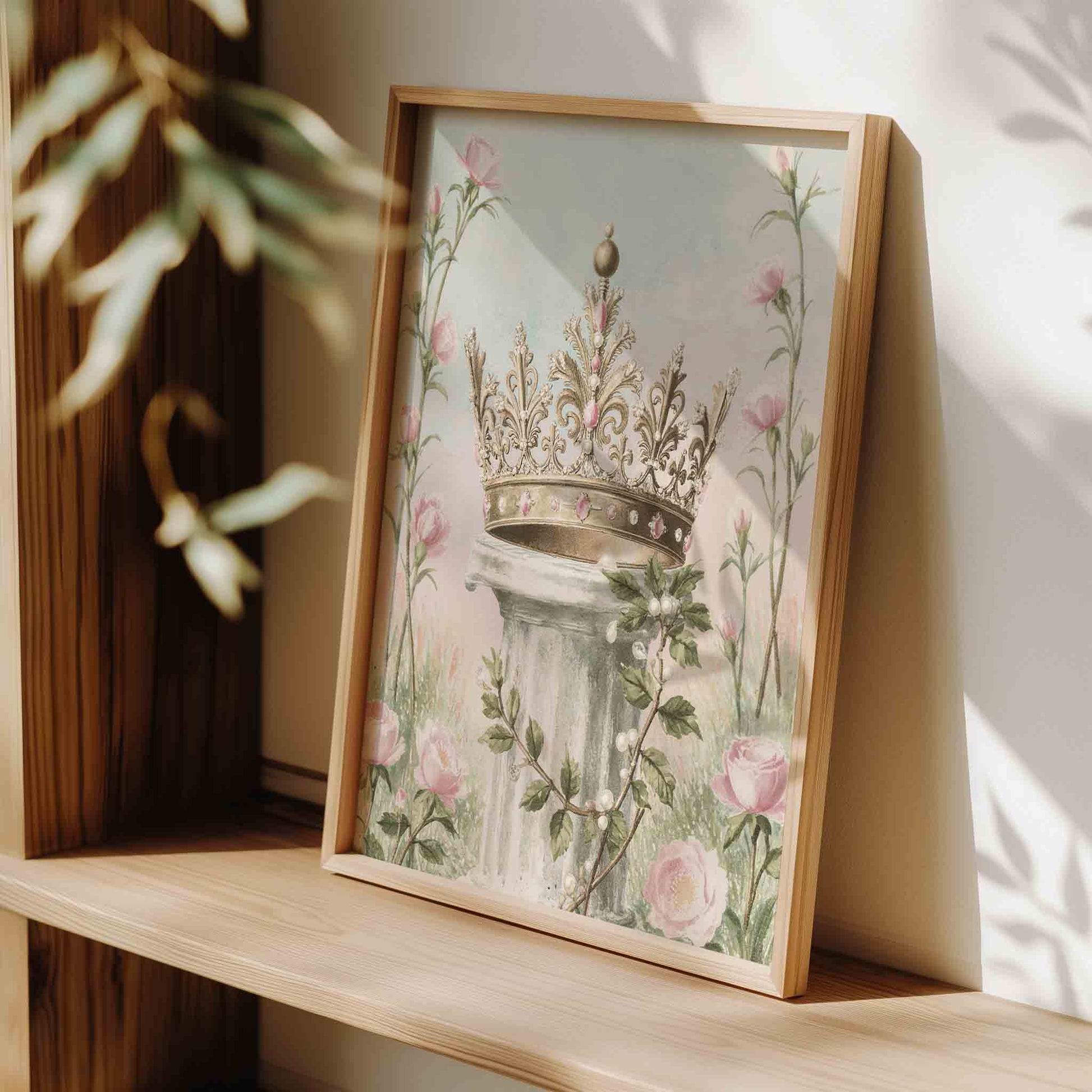 Watercolor crown with rose print styled for a fairytale princess nursery room