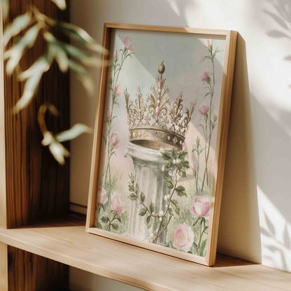 Watercolor crown with rose print styled for a fairytale princess nursery room