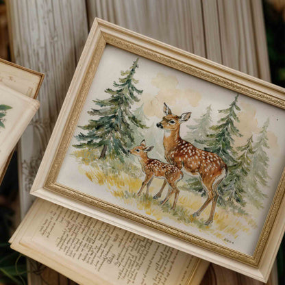 Watercolor deer and fawn print styled on a book for a woodland nursery room