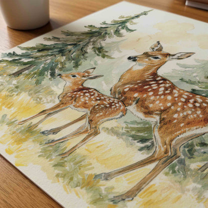 Watercolor deer and fawn in a forest clearing close up print for a woodland nursery