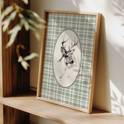 Watercolor deer print on plaid styled for an antique botanical nursery room