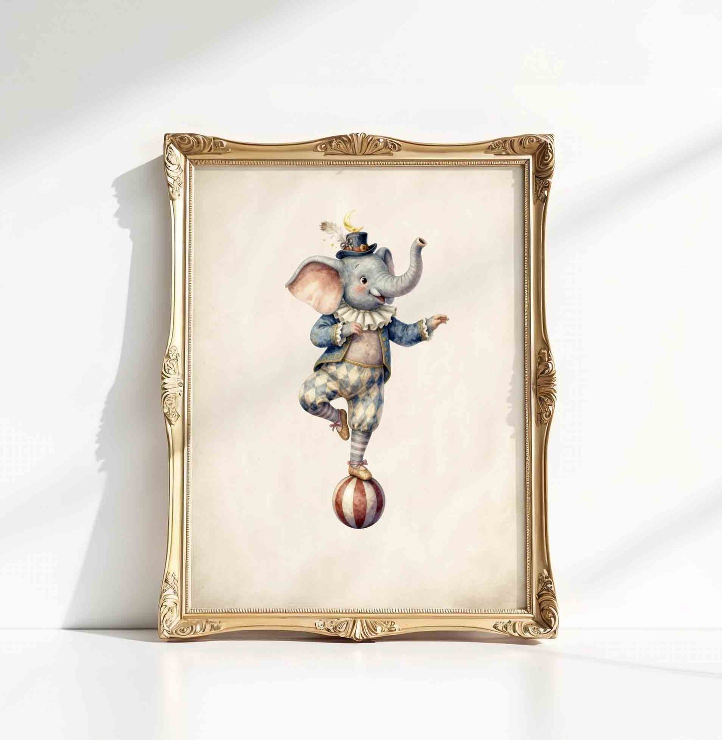 Watercolor elephant balancing on ball print for a vintage circus nursery room