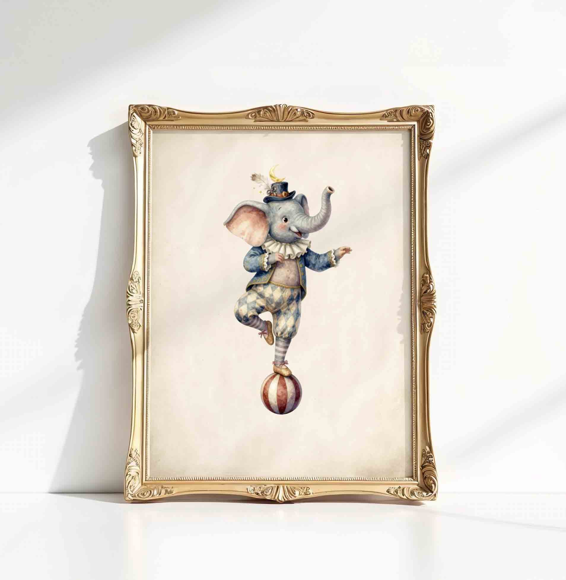 Watercolor elephant balancing on ball print for a vintage circus nursery room
