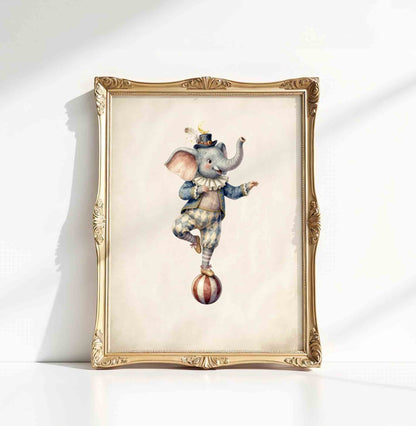 Watercolor elephant balancing on ball print for a vintage circus nursery room