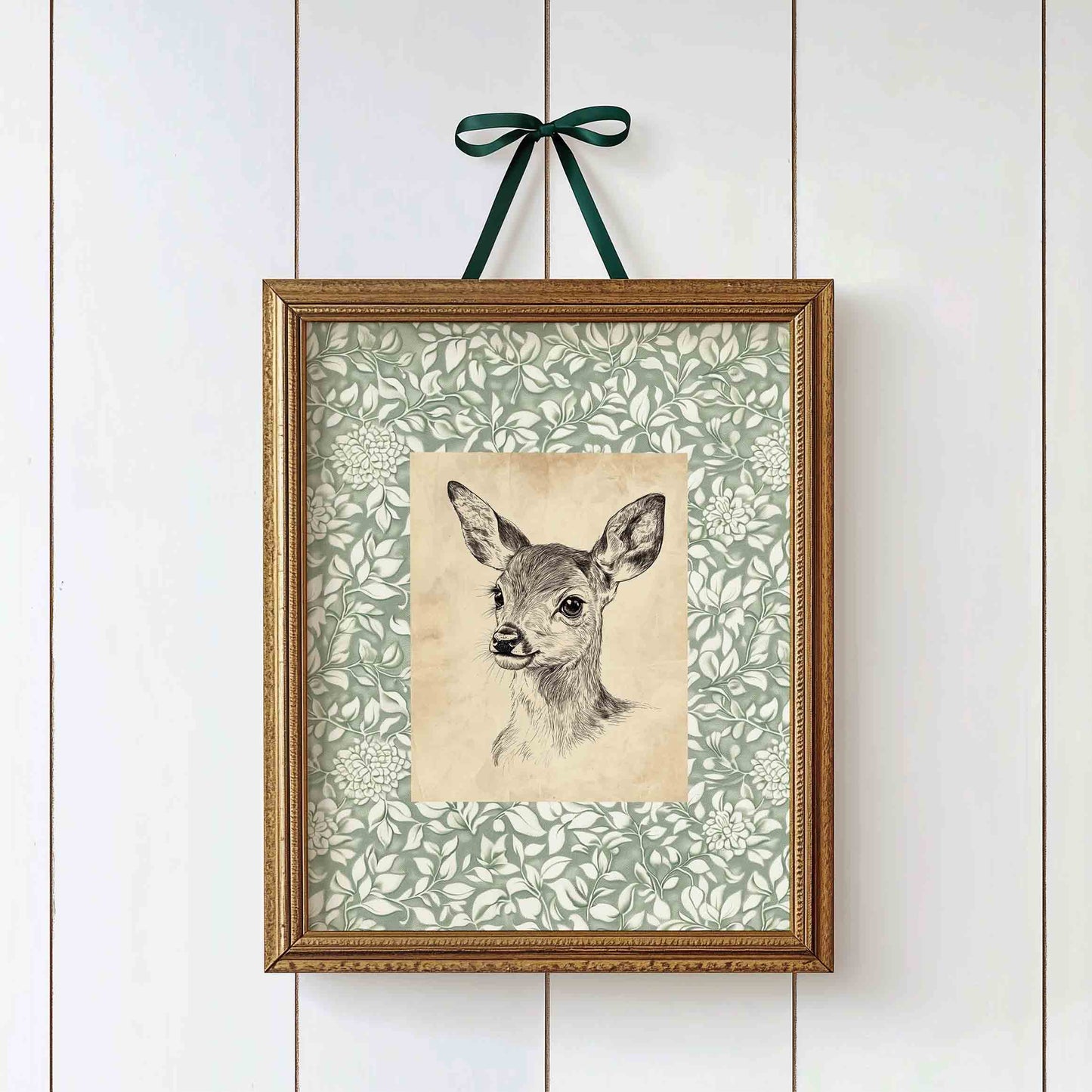 Watercolor elk print on sage green background styled for a woodland nursery room