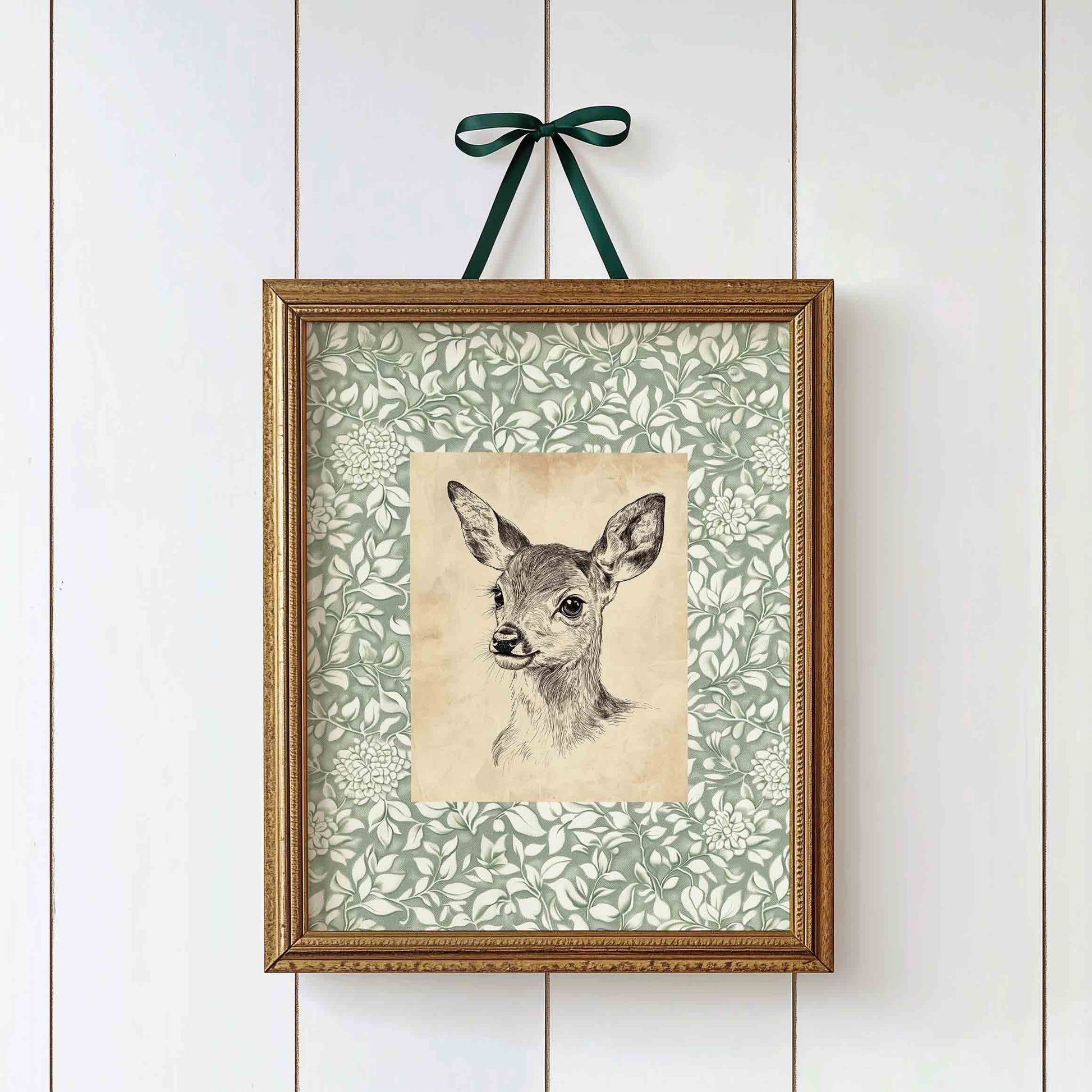 Watercolor elk print on sage green background styled for a woodland nursery room