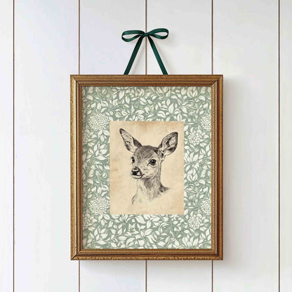 Watercolor elk print on sage green background styled for a woodland nursery room
