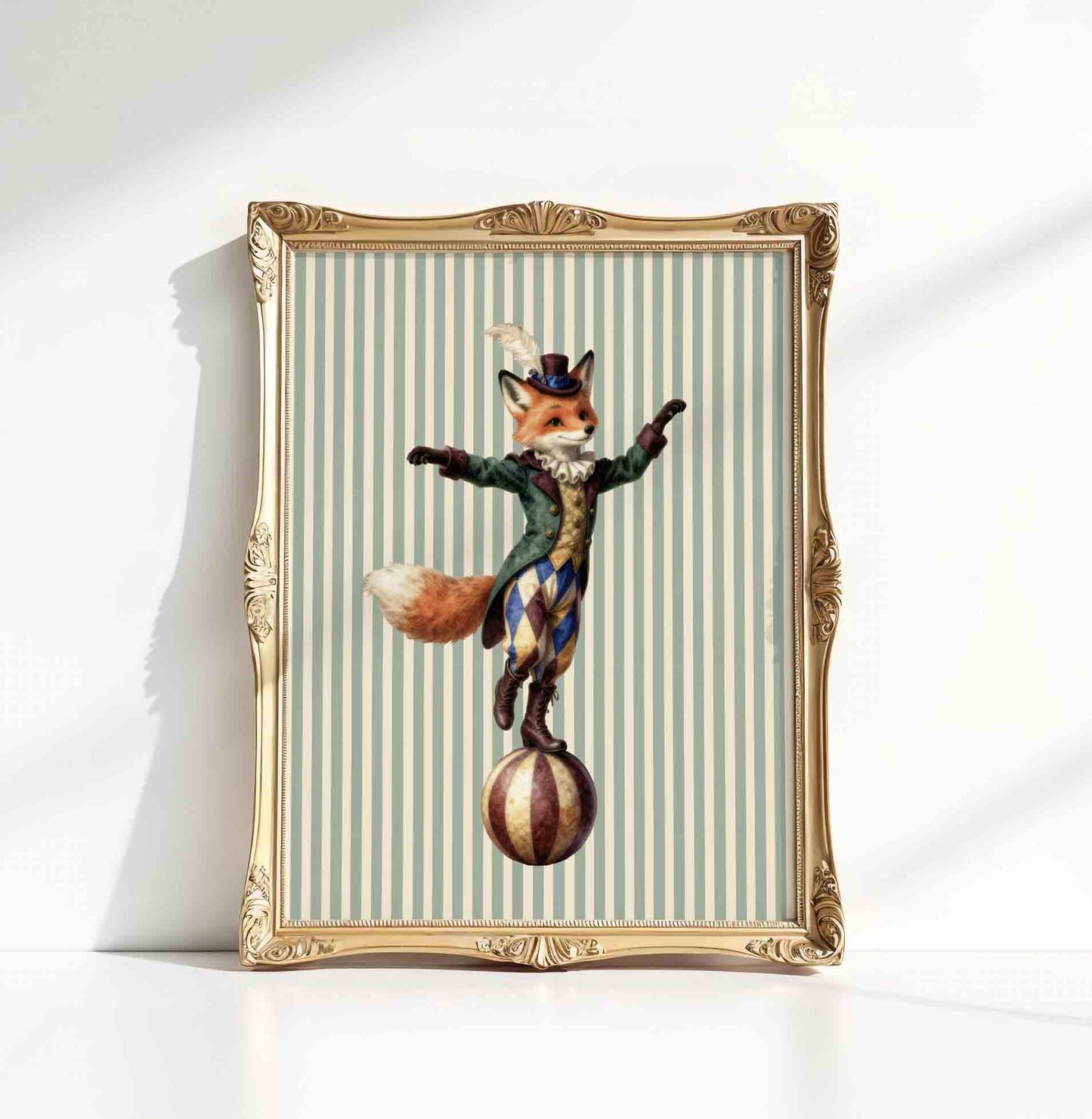 Watercolor fox balancing act print on stripes styled for a vintage circus nursery room