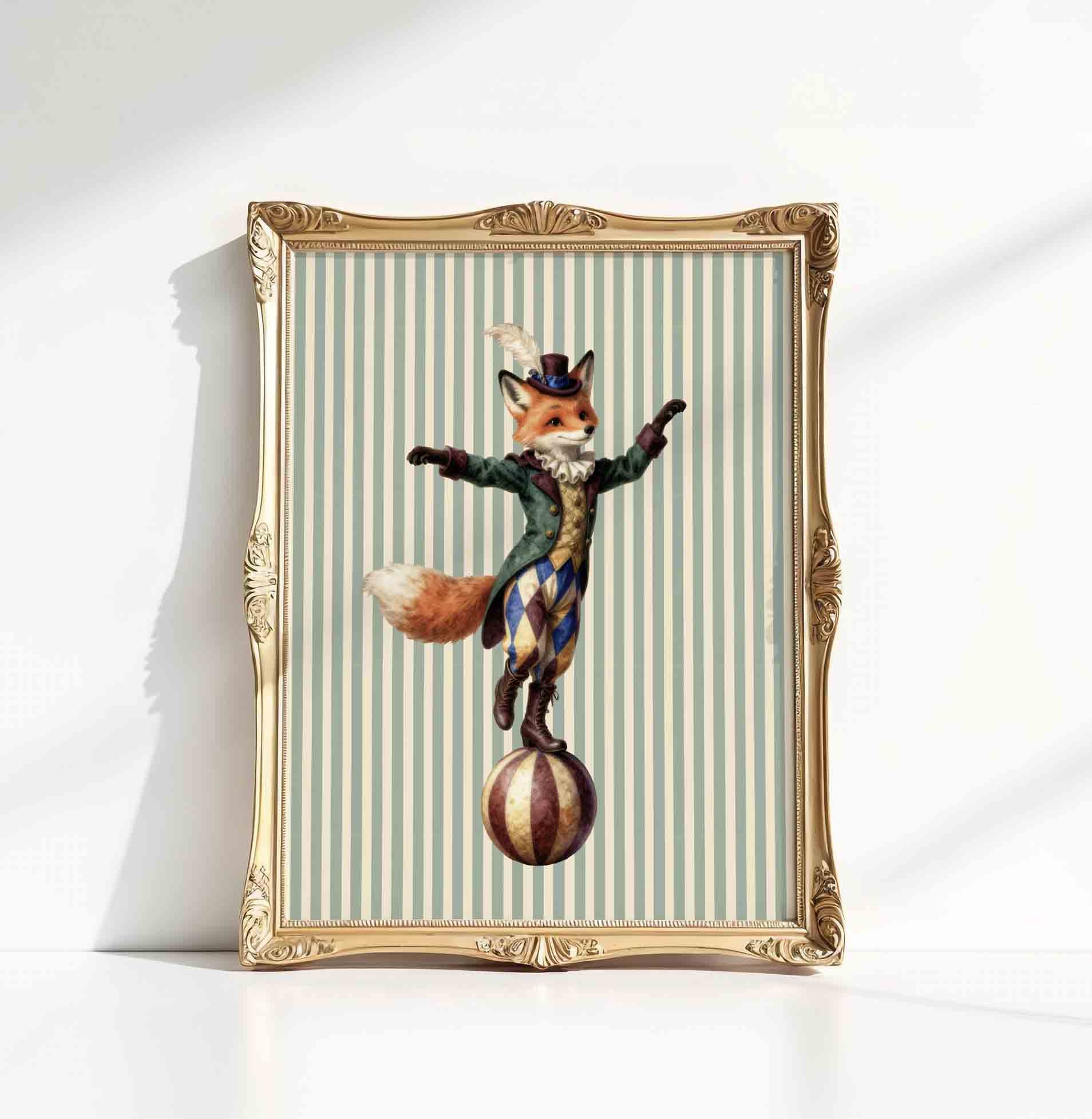 Watercolor fox balancing act print on stripes styled for a vintage circus nursery room