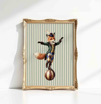 Watercolor fox balancing act print on stripes styled for a vintage circus nursery room