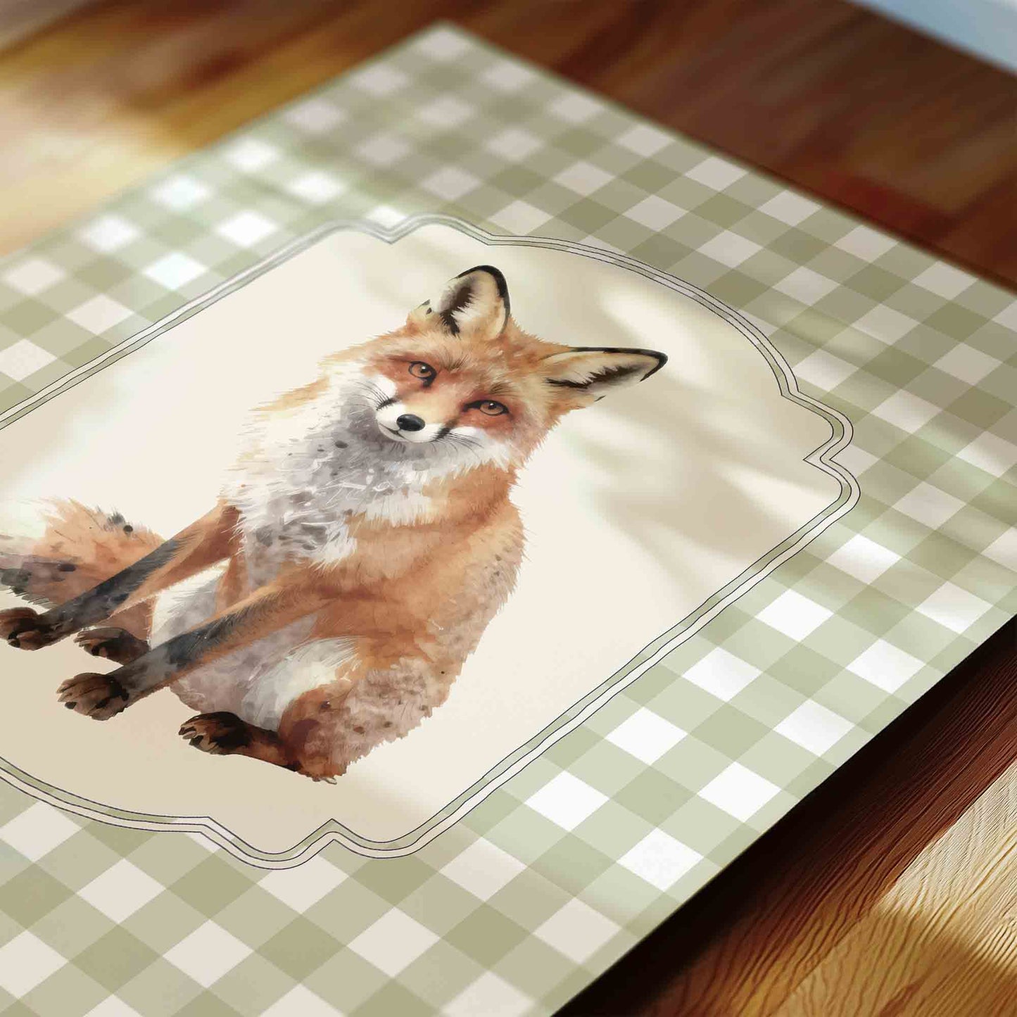 Watercolor fox print on sage gingham for a rustic woodland boys nursery room