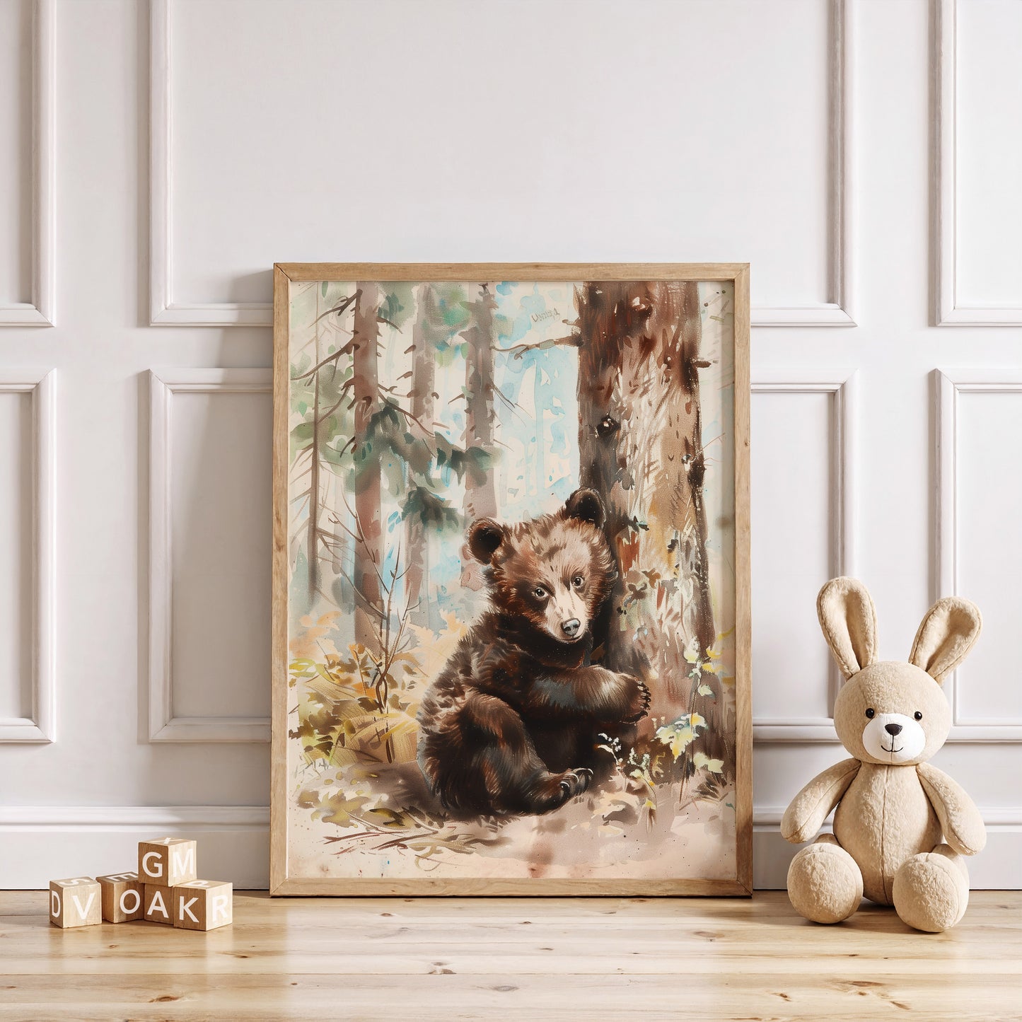 Vintage watercolor fox print in muted earth tones for a forest wildlife nursery