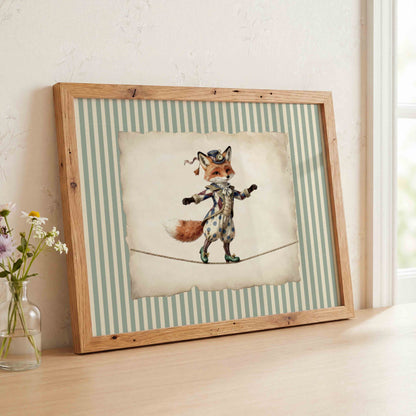 Watercolor fox tightrope walker print on green stripes for a circus nursery room