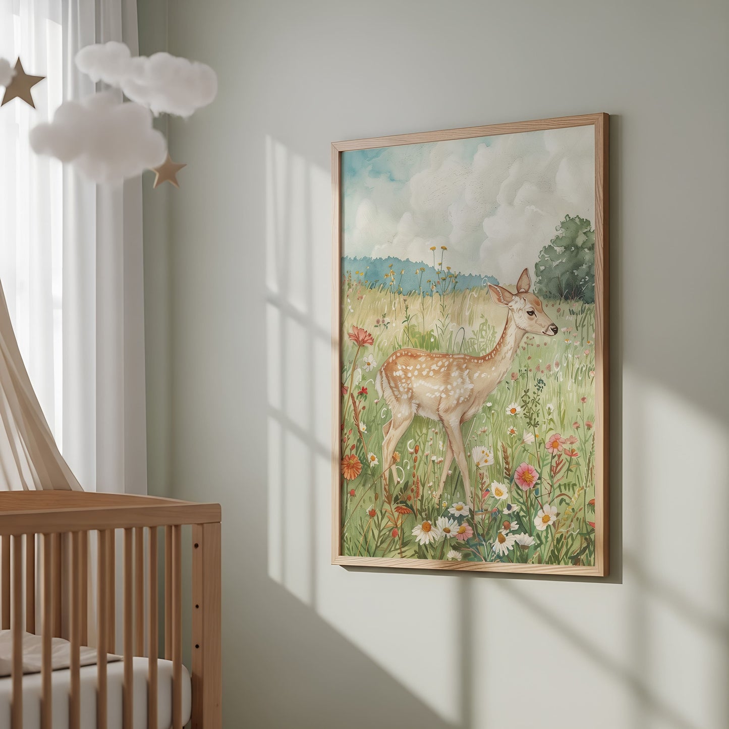 Watercolor fox print in warm vintage cream for a forest creatures nursery room