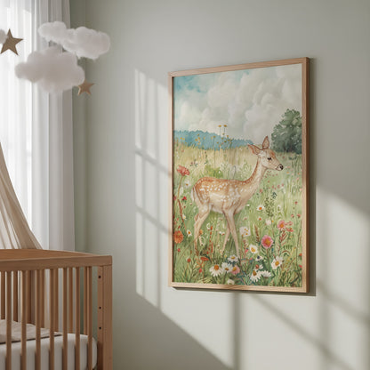 Watercolor fox print in warm vintage cream for a forest creatures nursery room