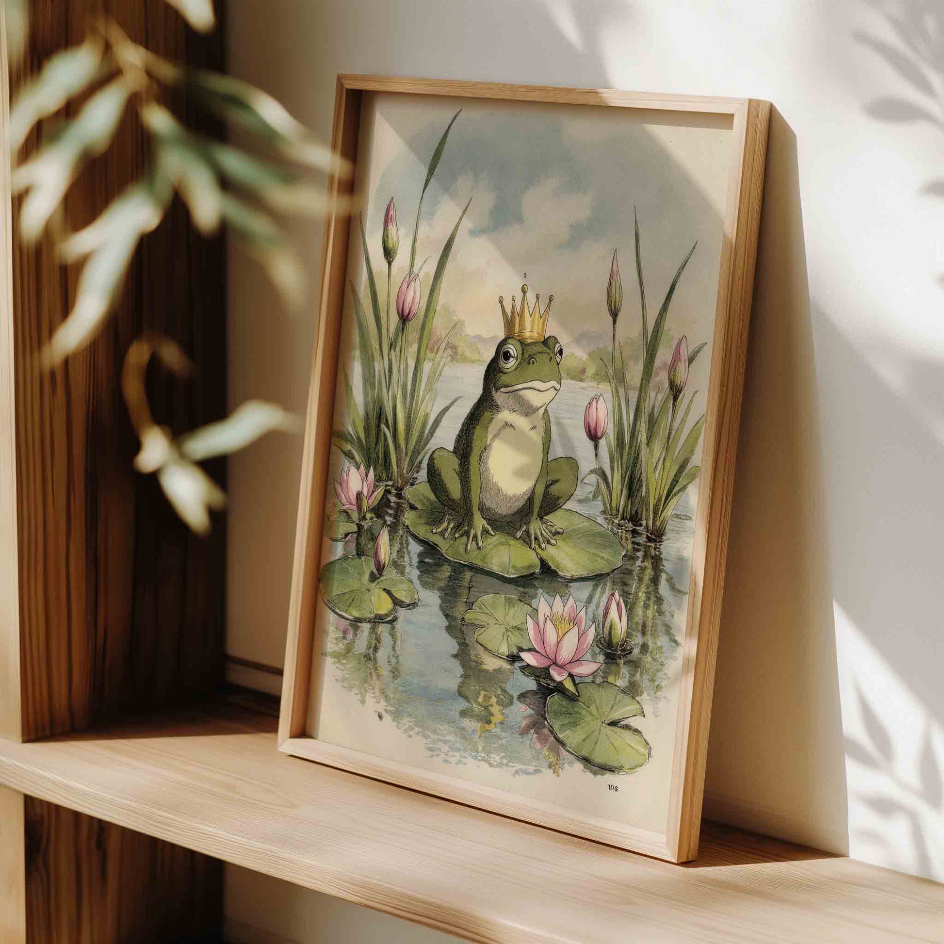 Watercolor crowned frog prince on lily pond print for a fairytale nursery room