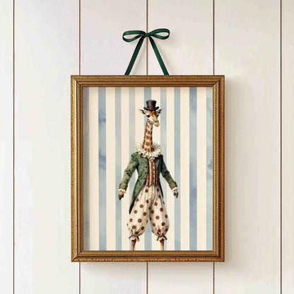 Watercolor giraffe performer print on stripes styled for a vintage circus nursery room