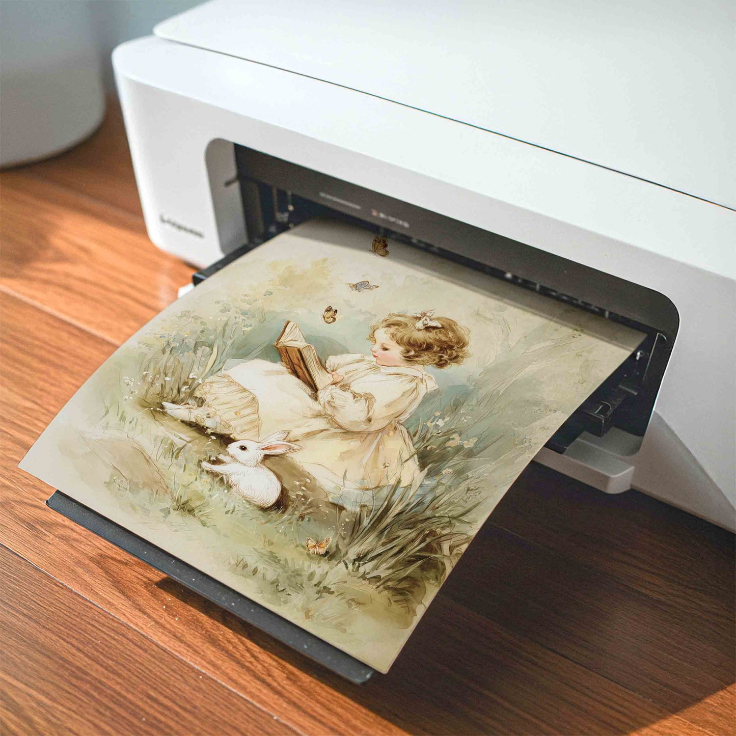 Nostalgic girl reading with rabbit watercolor print for a vintage storybook nursery room