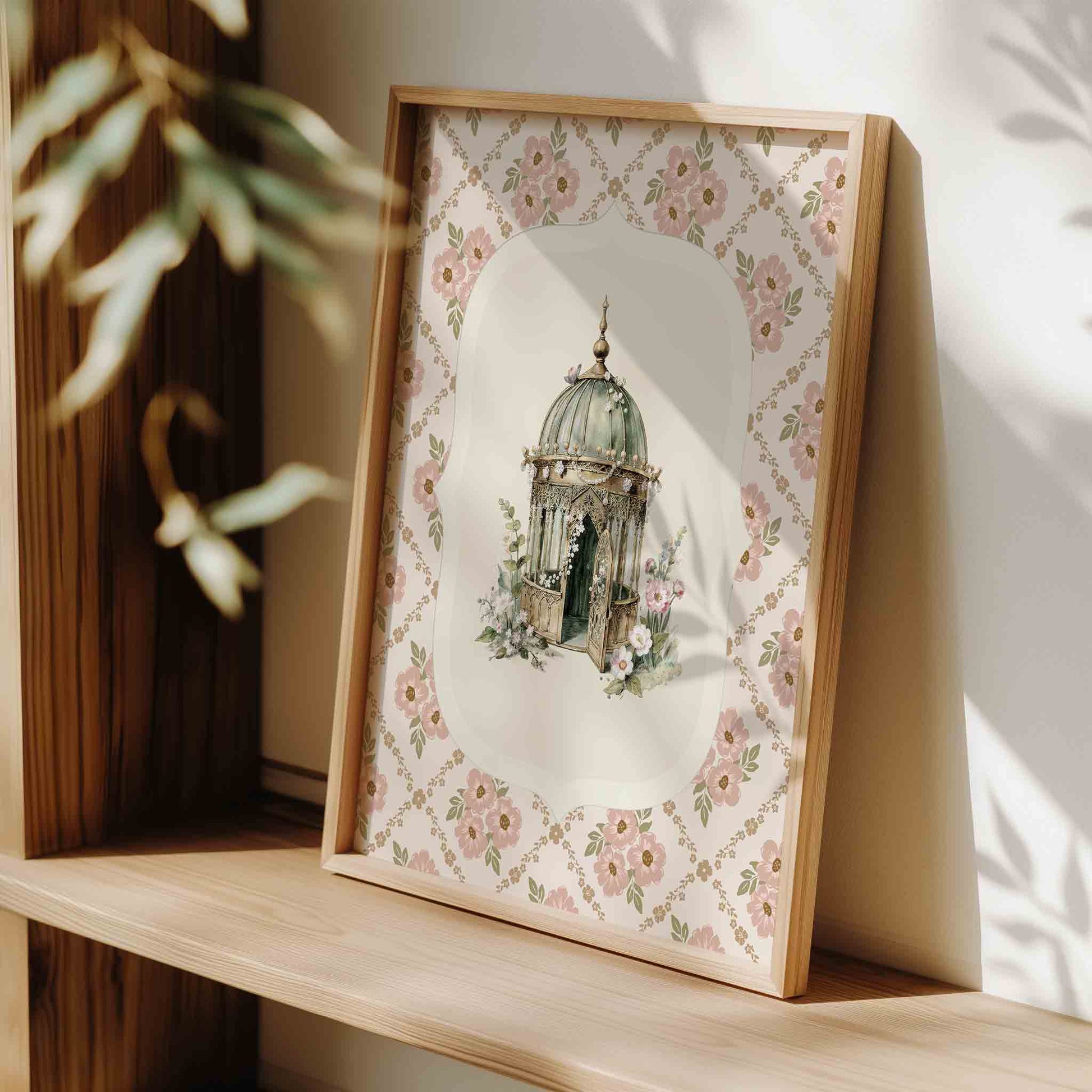 Watercolor gold bird cage print styled for a fairytale princess nursery room