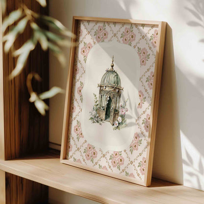 Watercolor gold bird cage print styled for a fairytale princess nursery room