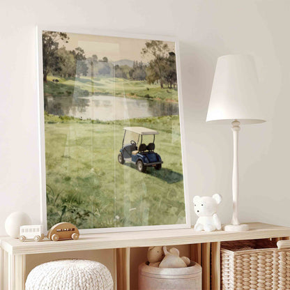 Watercolor golf course landscape with cart print for a vintage boys nursery room