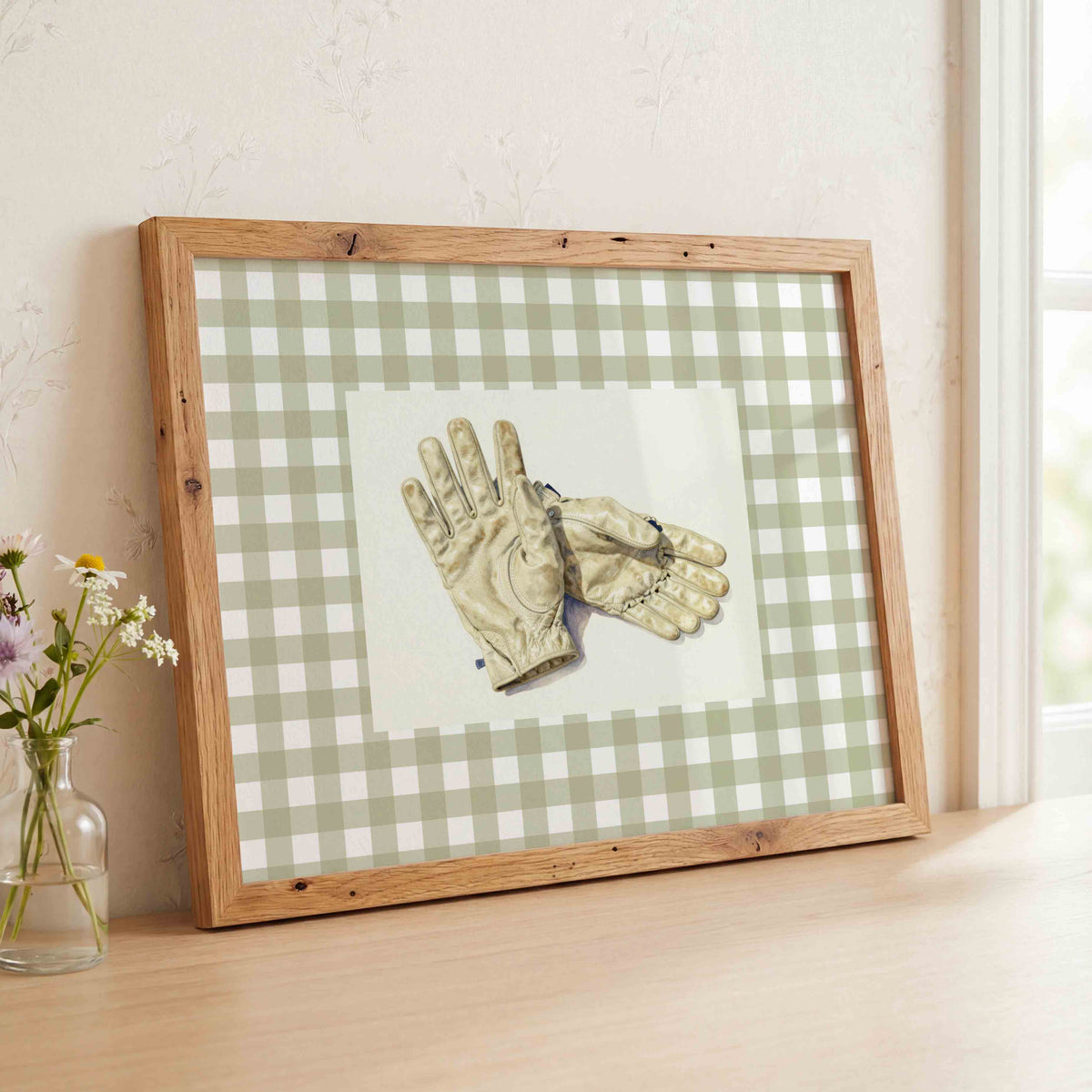 Watercolor golf gloves print on sage gingham for a preppy boys nursery room
