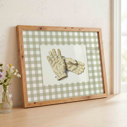 Watercolor golf gloves print on sage gingham for a preppy boys nursery room