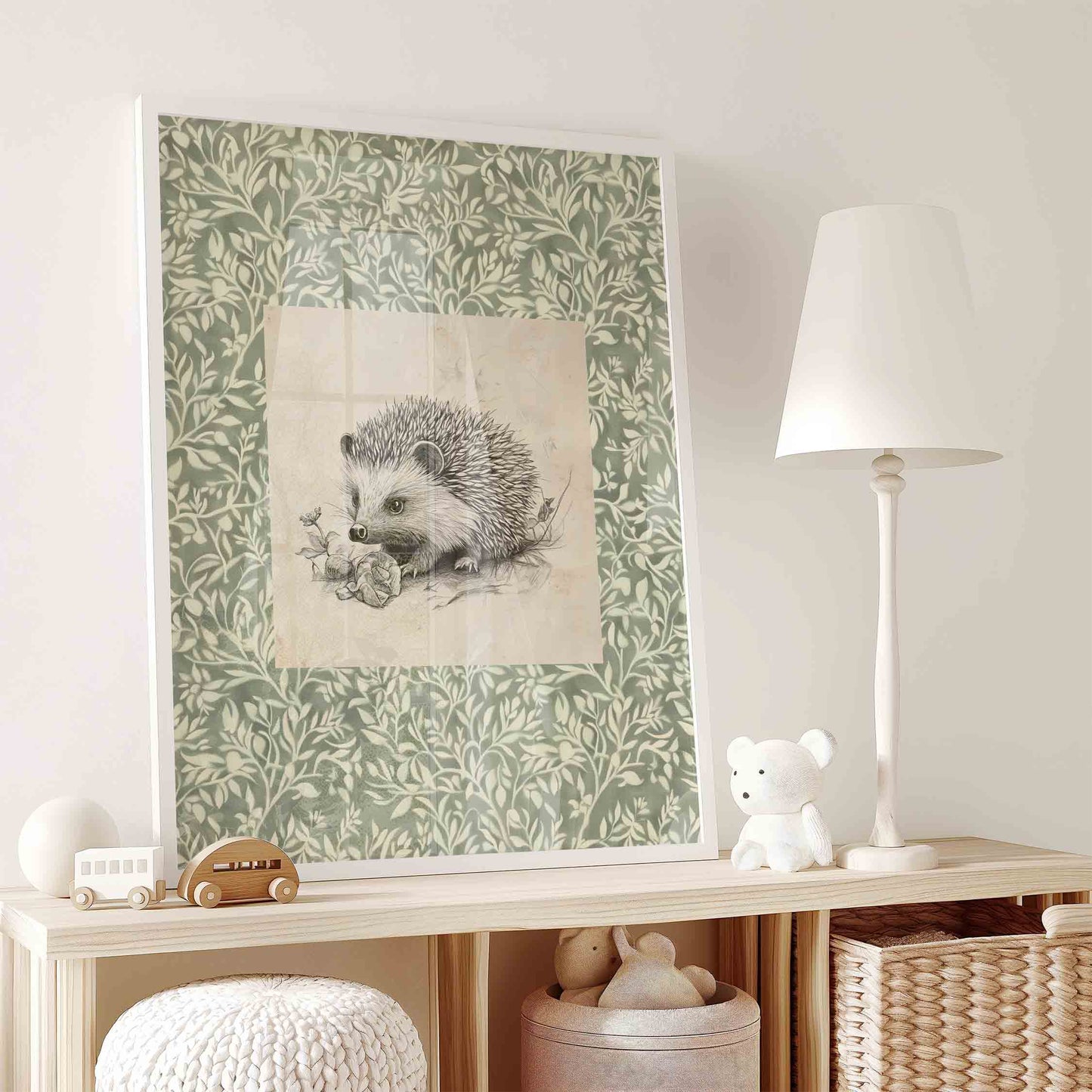 Watercolor hedgehog on floral background styled on a dresser for a nursery room